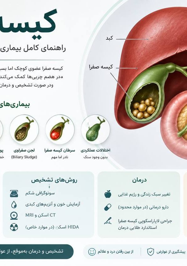 اینفوگرافیک جامع بیماری‌های کیسه صفرا شامل آناتومی کبد و صفرا، انواع بیماری‌ها مثل سنگ صفرا، علائم هشداردهنده، روش‌های تشخیص و مزایای جراحی لاپاراسکوپی
